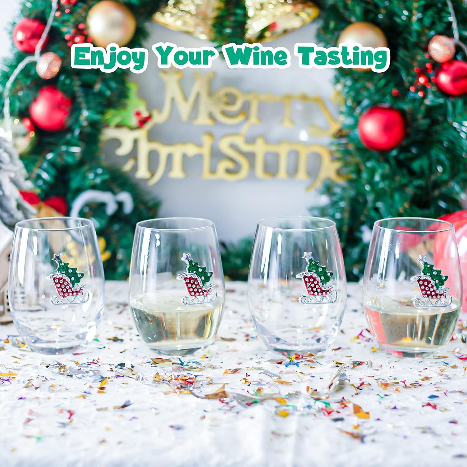 Vipush Christmas Wine Glasses Set of 4-18 Oz Drinking Cups with Crystal Xmas Stemless Holiday Wineglass Gift Winter Glassware Diamond-encrusted Cups - Image 5