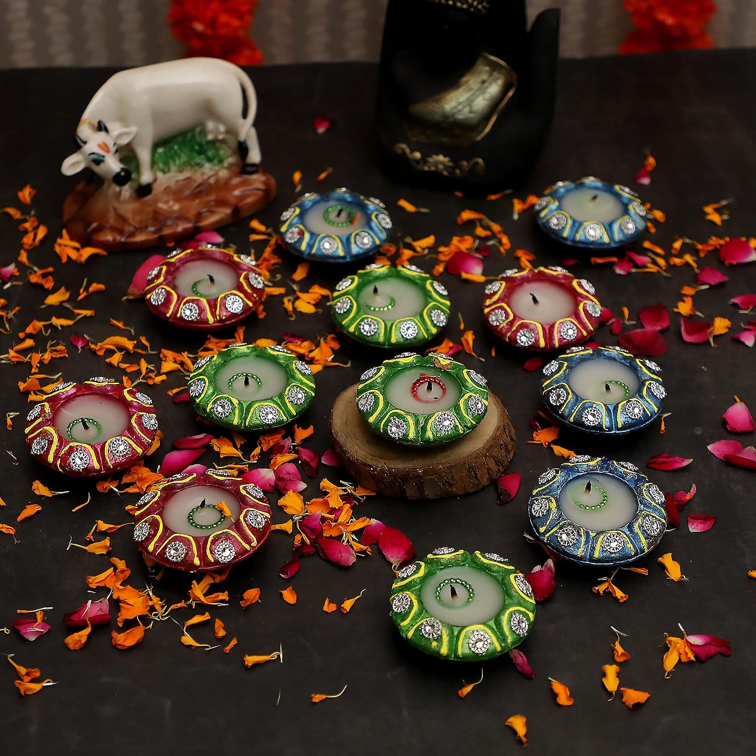 12 Pc Multicolor Handmade Clay KATORI/Bowl Wax Filled Diya | Terracotta Earthen Diwali Pooja Lamps | Perfect for Thanksgiving Decor & Indian Gift Items | Natural Mitti Dia
