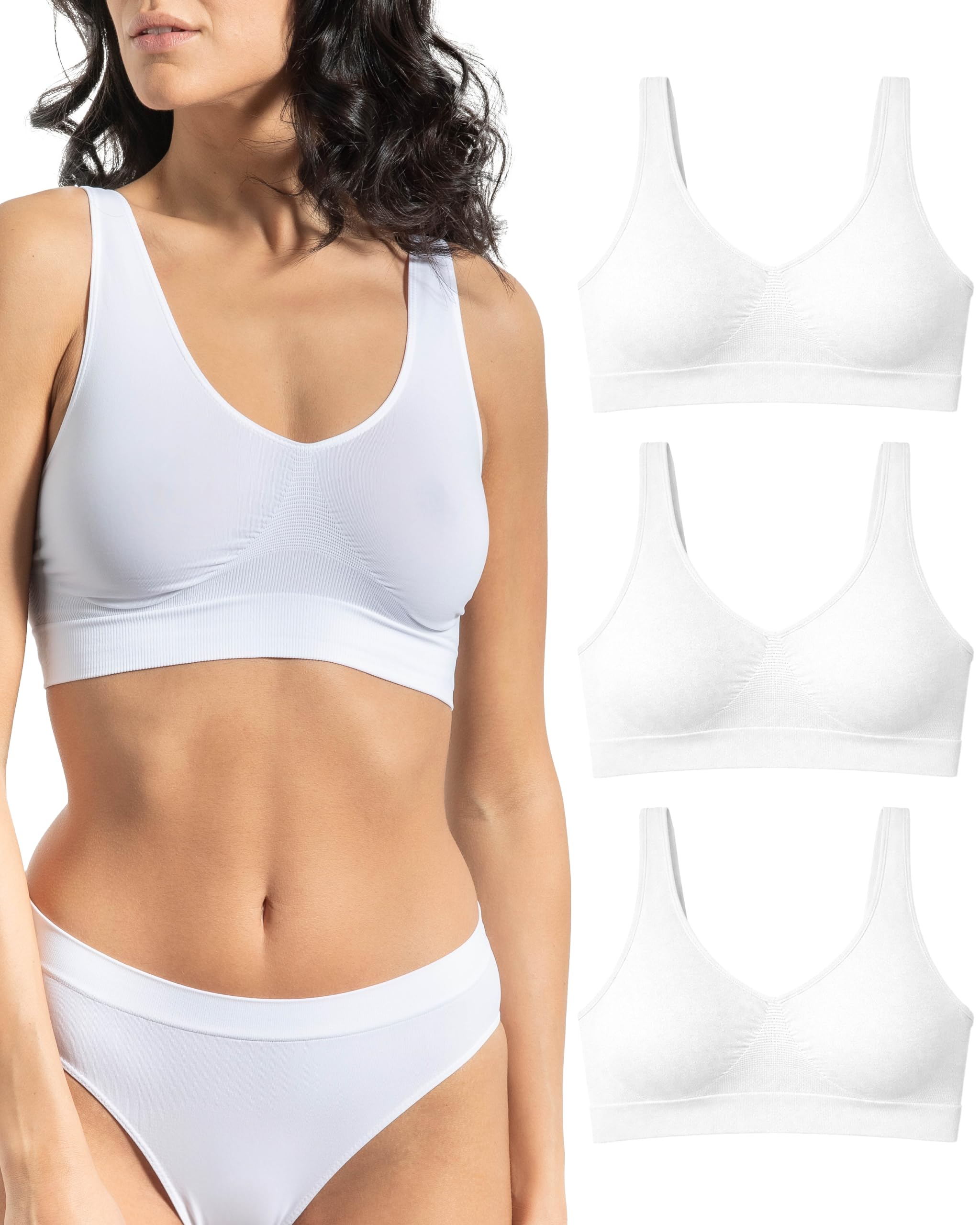 Risalti Reggiseno Senza Ferretto Spalla Larga 3 pz - Bralette Donna Senza Cuciture ed Etichette, Reggiseno Donna in Microfibra Elasticizzata, Brassiere, Top Morbido, Intimo - Made in Italy