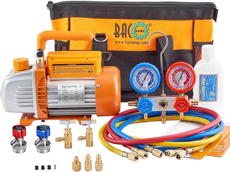 BACOENG 3.6CFM 1/4HP AC bomba de vacío y juego de manómetro, kit de bomba de vacío HVAC para sistema de aire acondicionado automático, juego de manómetro para refrigerantes R134a R22 R410a - con grifos de lata R134a y acopladores rápidos