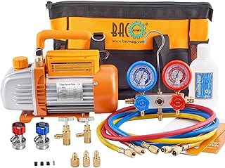 BACOENG 3.6CFM 1/4HP AC bomba de vacío y juego de manómetro, kit de bomba de vacío HVAC para sistema de aire acondicionado automático, juego de manómetro para refrigerantes R134a R22 R410a - con grifos de lata R134a y acopladores rápidos