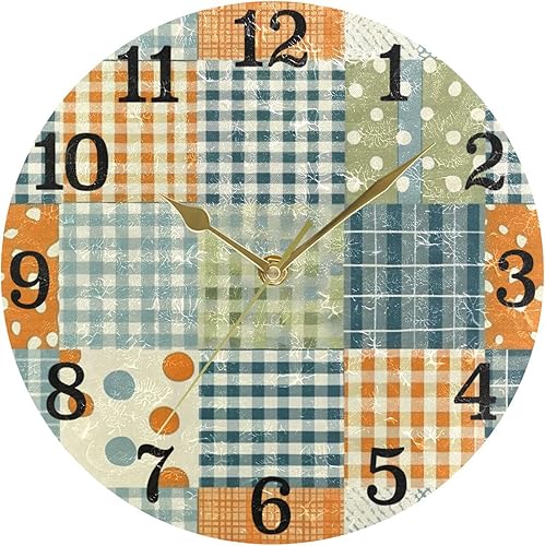 Miniatura 5 de KLL Vintage Patchwork Pattern 10 Inch Round Clock Display on Wall Non Ticking Creative for Dining Room Farmhouse Office reloj de pared para cuarto