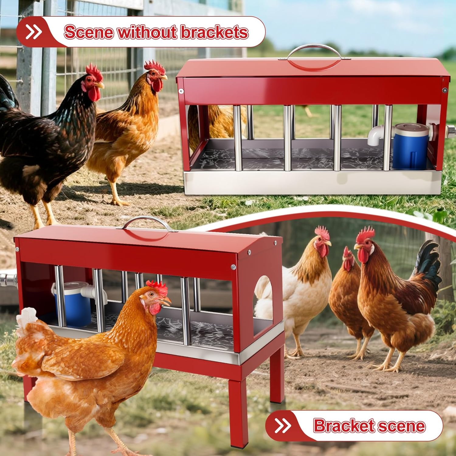 Automatic Chicken Waterer 11 Windows Stainless Steel Detachable with Bracket Large Metal， Chicken Water Feeder Dispenser for Poultry Duck,Goose,Chicken with Float Valve Kit,Hose