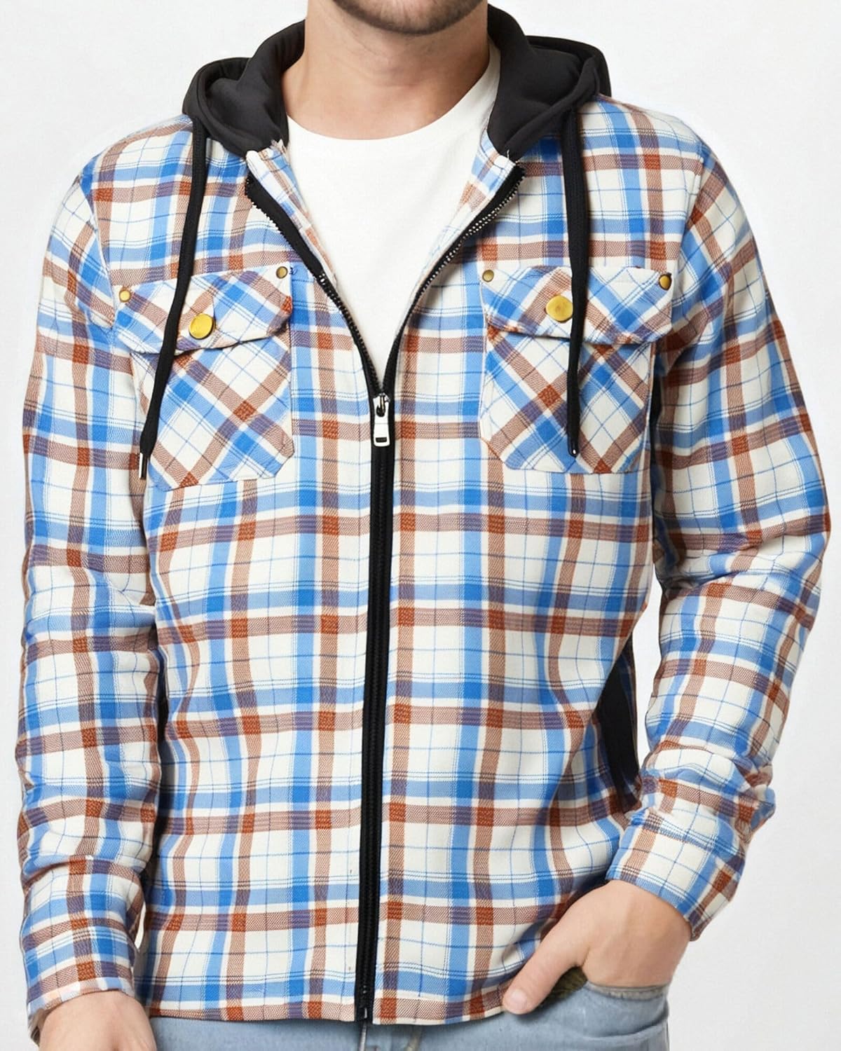 Men's Winter Cotton Plaid Shirts Jacket Warm Fleece Lined Flannel Hooded Shirt Jacket Coat for Men - Image 2