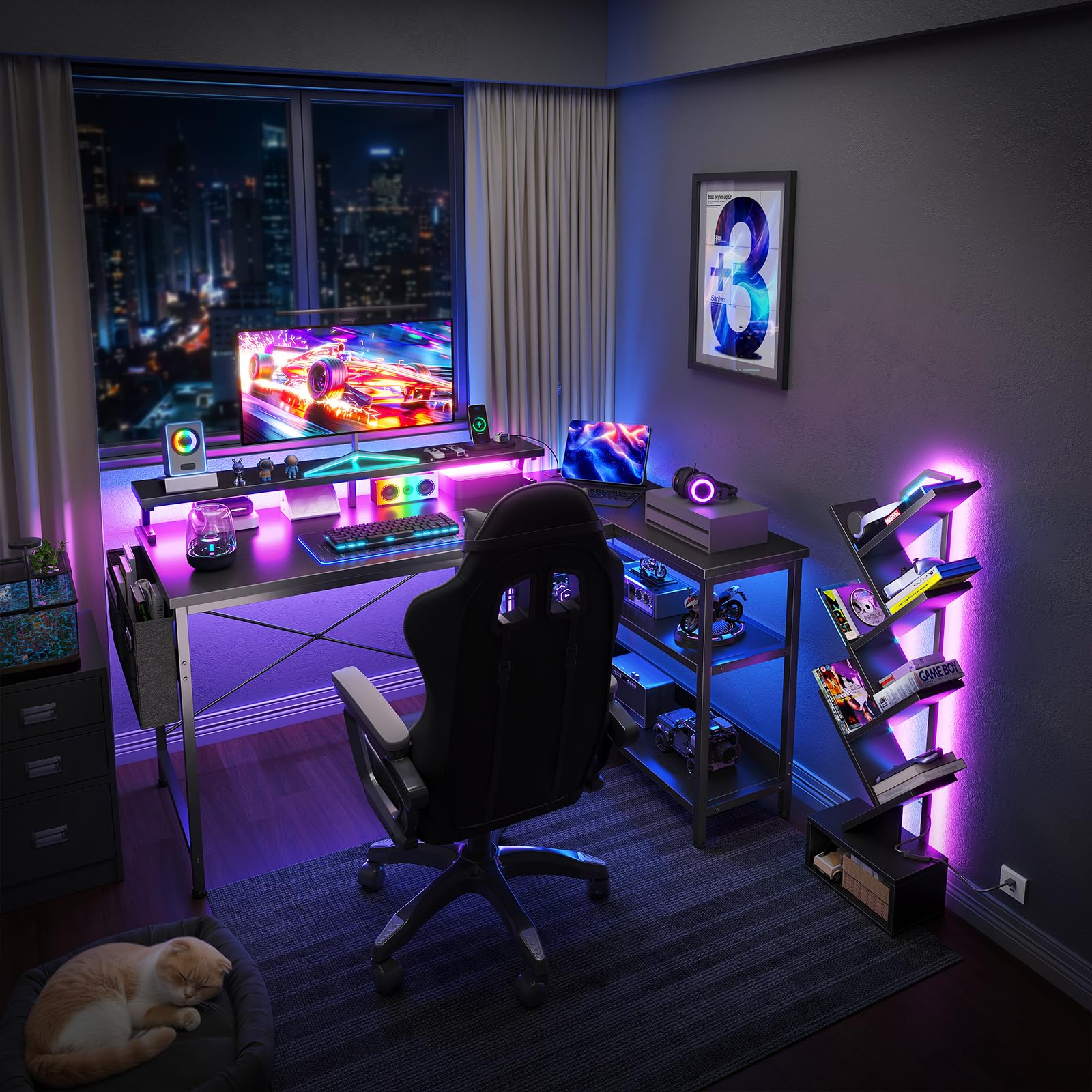 Coleshome Set Scrivania Gaming Angolare 120x80cm con LED e Prese & Libreria ad Albero a 6 Ripiani, Scrivania a L con Supporto Monitor e Scaffale per Casa Ufficio, Nero