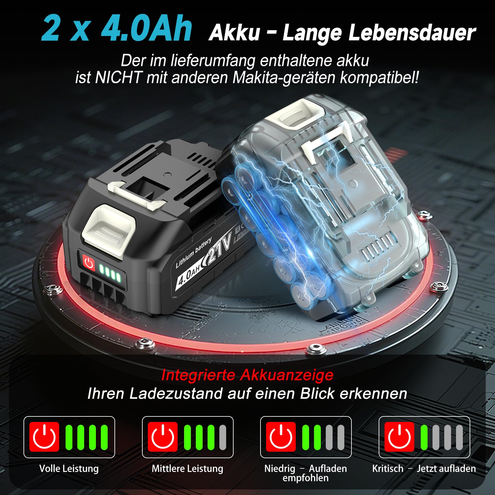 Yofuly Akku Winkelschleifer 125mm Kompatibel mit Makita 18V Akku, 3 Gang Drehzahlregelung 9000RPM, Akku Flex mit 2 * 4.0Ah Batterie, 2 Trennscheiben, 2 Fächerscheiben, 2 Schleifscheiben