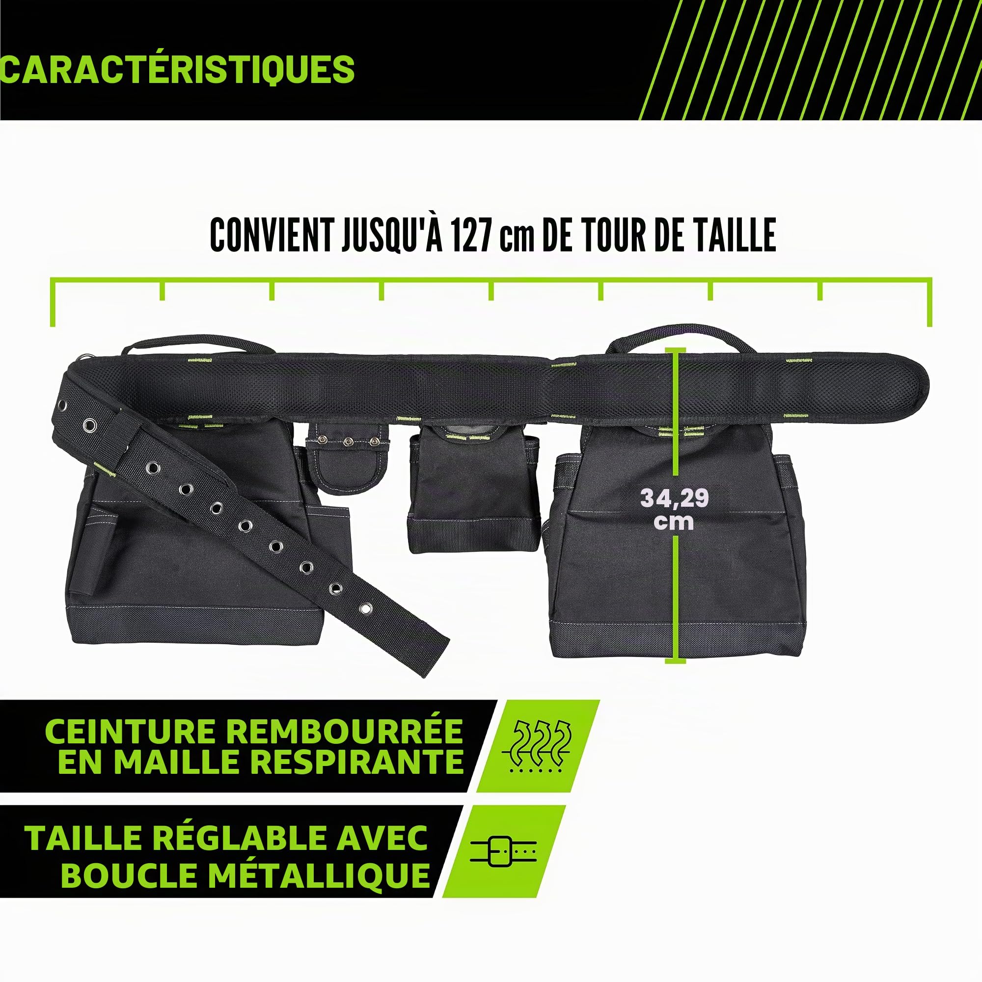 AWP Outil de charpentier avec poignées de transport, ceinture à outils de qualité supérieure, ceinture rembourrée en maille aérée pour tour de taille jusqu'à 127 cm, noir
