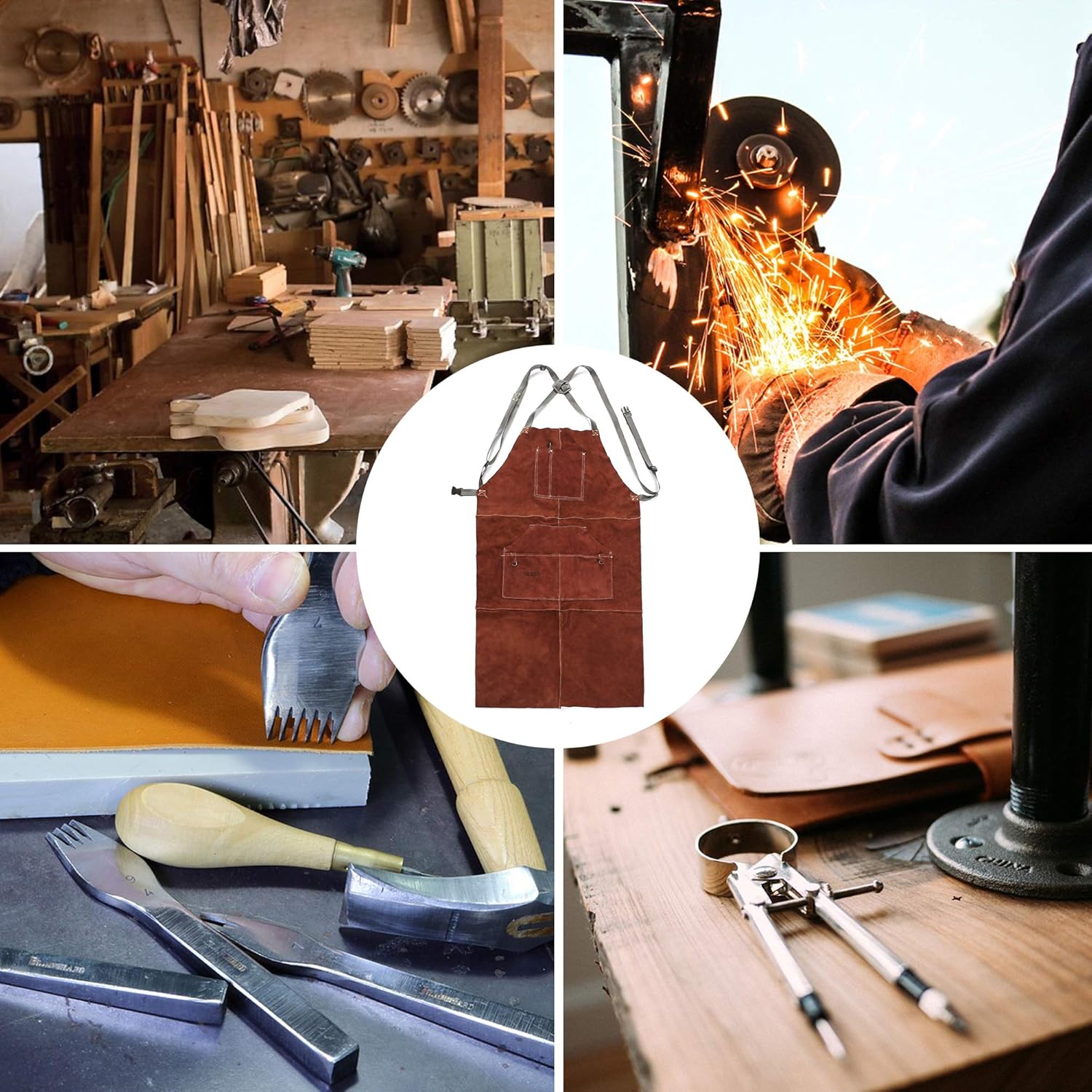 Leather Welding Work Shop Aprons – Heavy Duty Cowhide Adjustable Strap Heat Flame Resistant Safety Apparel 42 x 24 for Blacksmith woodworking Mechanics Carpenter with Tool Pockets (Gloves Included) - - 
