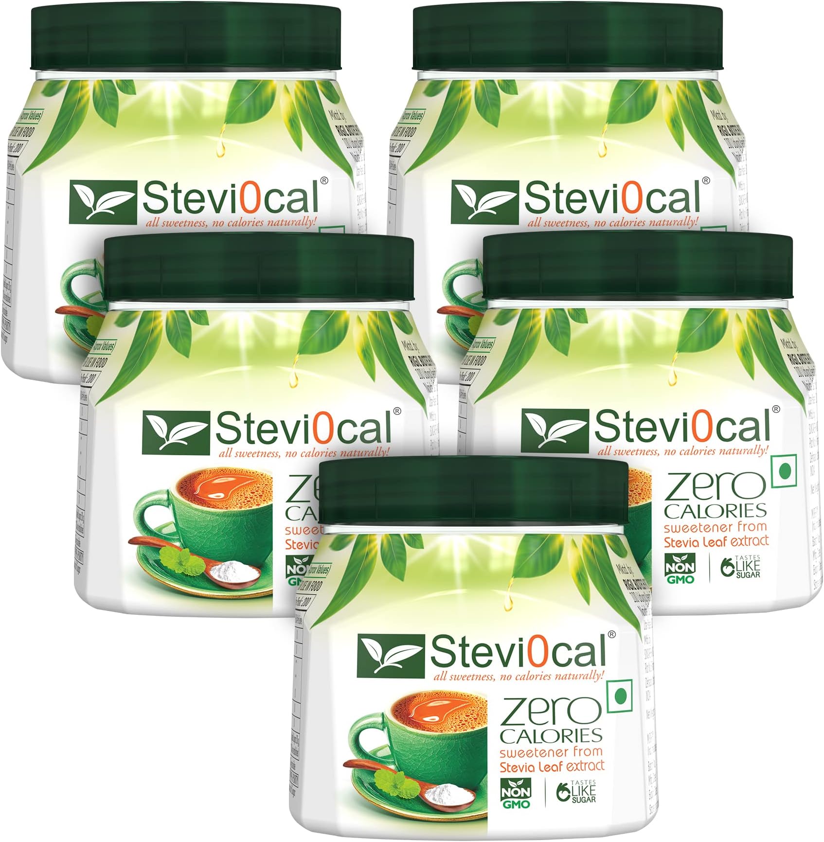 Stevi0cal Stevia Sweetener Powder | 100% Sugar Free Natural | Zero Calorie for Weight Management, Diet, Diabetic Friendly | 200 gm Jar - Pack of Five (5 x 200gm)