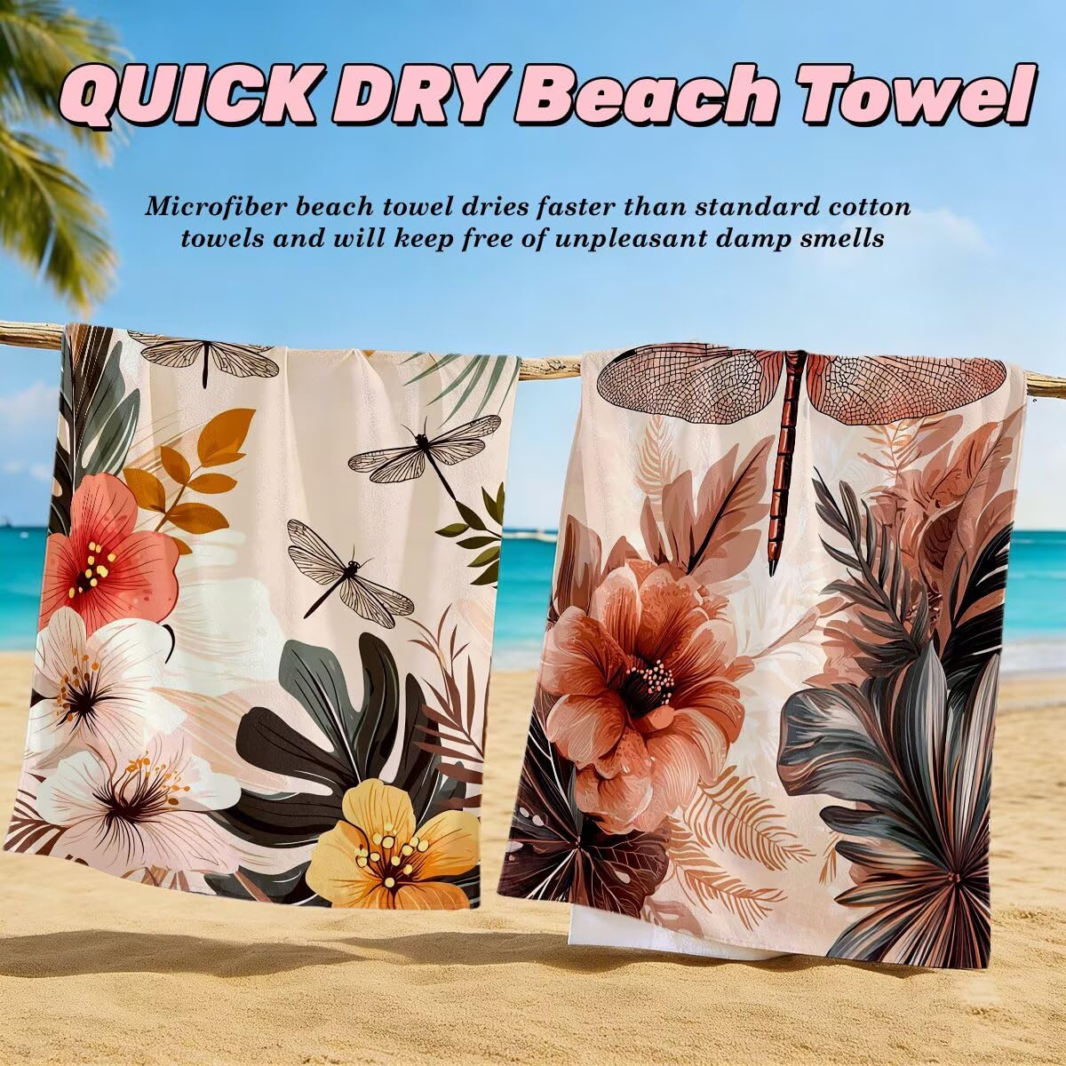 Ręcznik plażowy XXL, 100 x 220 cm, zestaw 2 sztuk, bez piasku, ręcznik plażowy, szybkoschnący, sportowy ręcznik do studia fitness, ręcznik do sauny, duży ręcznik plażowy na plażę (ważka) -3836