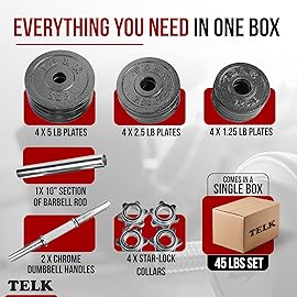 TELK - Adjustable Dumbbell Set 45lbs (22.5lbs x 2) + 10 Chrome Barbell - Home Gym Weight Set with Baked Enamel Cast Iron Plates - Space-Saving Free Weights for Strength Training