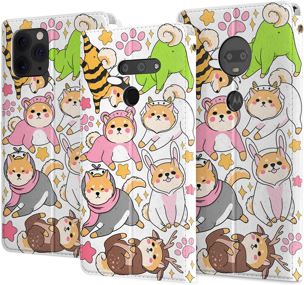 Wallet Case Replacement for Samsung Galaxy S23 S22 Note 20 Ultra S21 FE S10 S20 A03 A50 Dog Magnetic Pink Folio Flip PU Leather Paws Snap Funny Cute Corgi Card Holder Puppy Pajama Cover Moon image 4