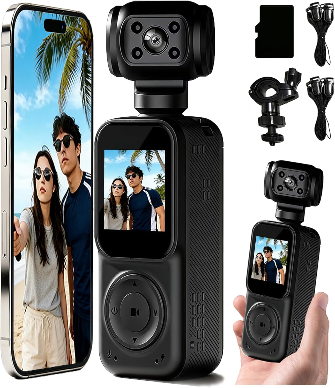 Pocket Camera 4K Output 64GB, WiFi Body Cameras with Audio and Video Recording, Dual Light&7 Hour Battery (Black)
