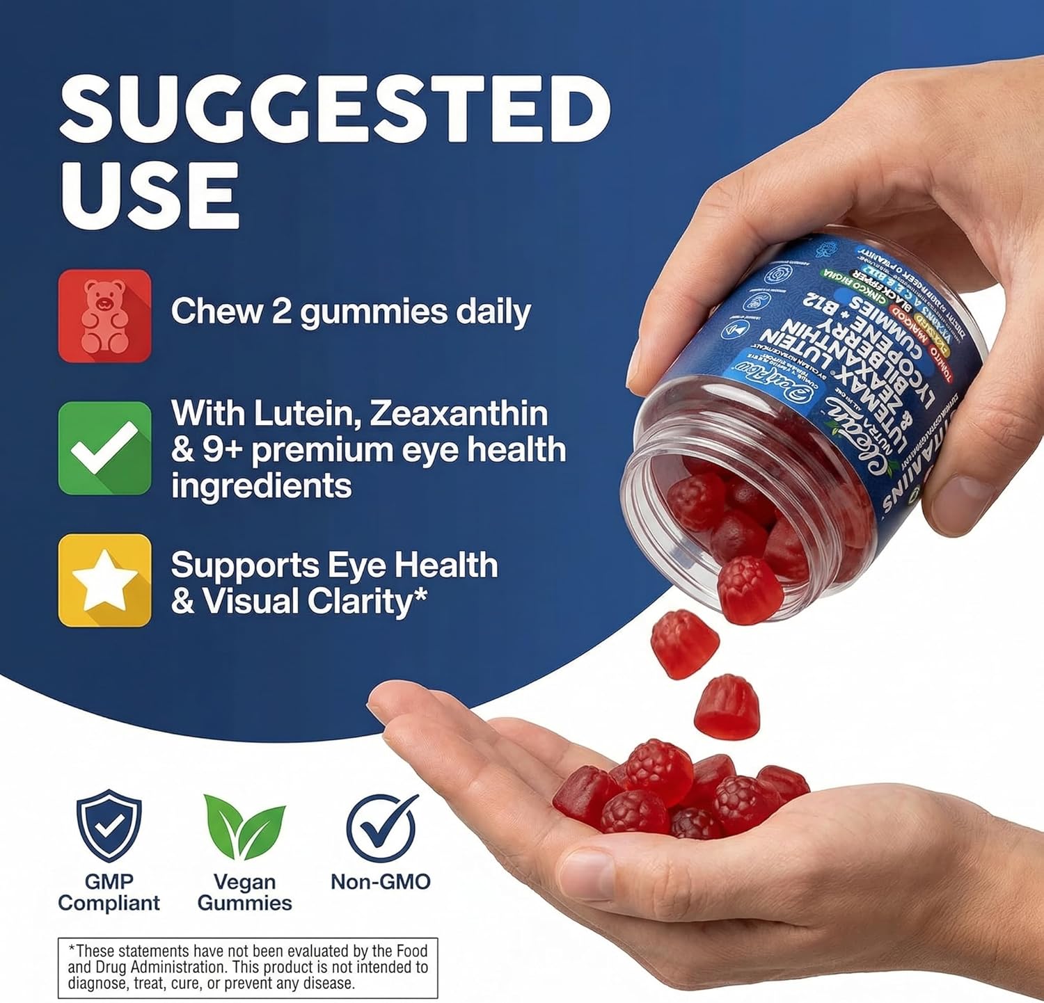 Clean Nutra Lutein and Zeaxanthin Eye Vitamins Gummies + Bilberry for Eyes Vision Support Ginkgo Biloba Marigold, Vitamin B12 Flaxseed Black Pepper CoQ10 Vitamin A l 60 Count B OcuFlow