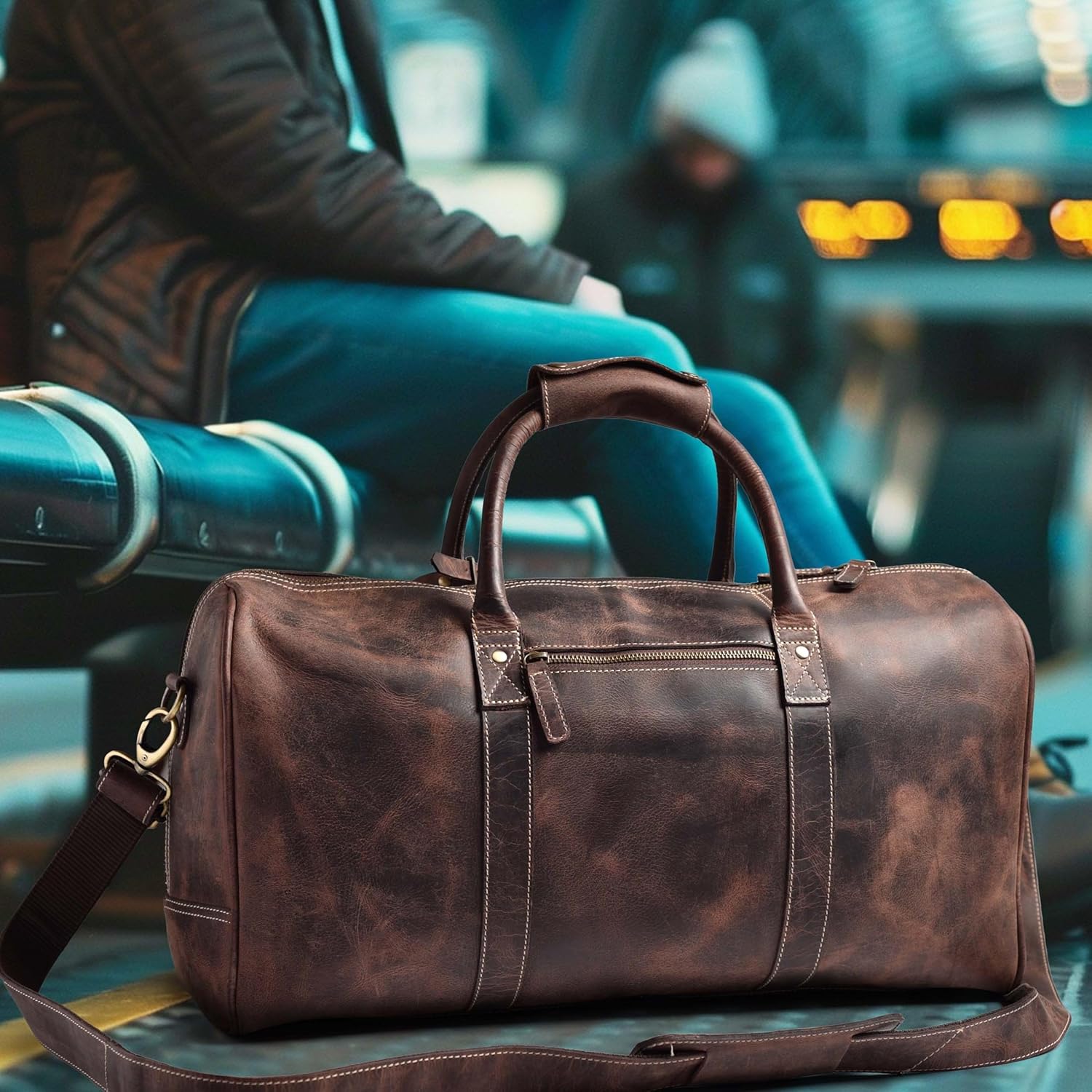 Leather Village Leather Duffel Bags for Men & Women-Stylish Travel Weekender Carry-On Sports Gym Overnight Luggage Bag - 20 Inch - Rustic Brown - Image 9