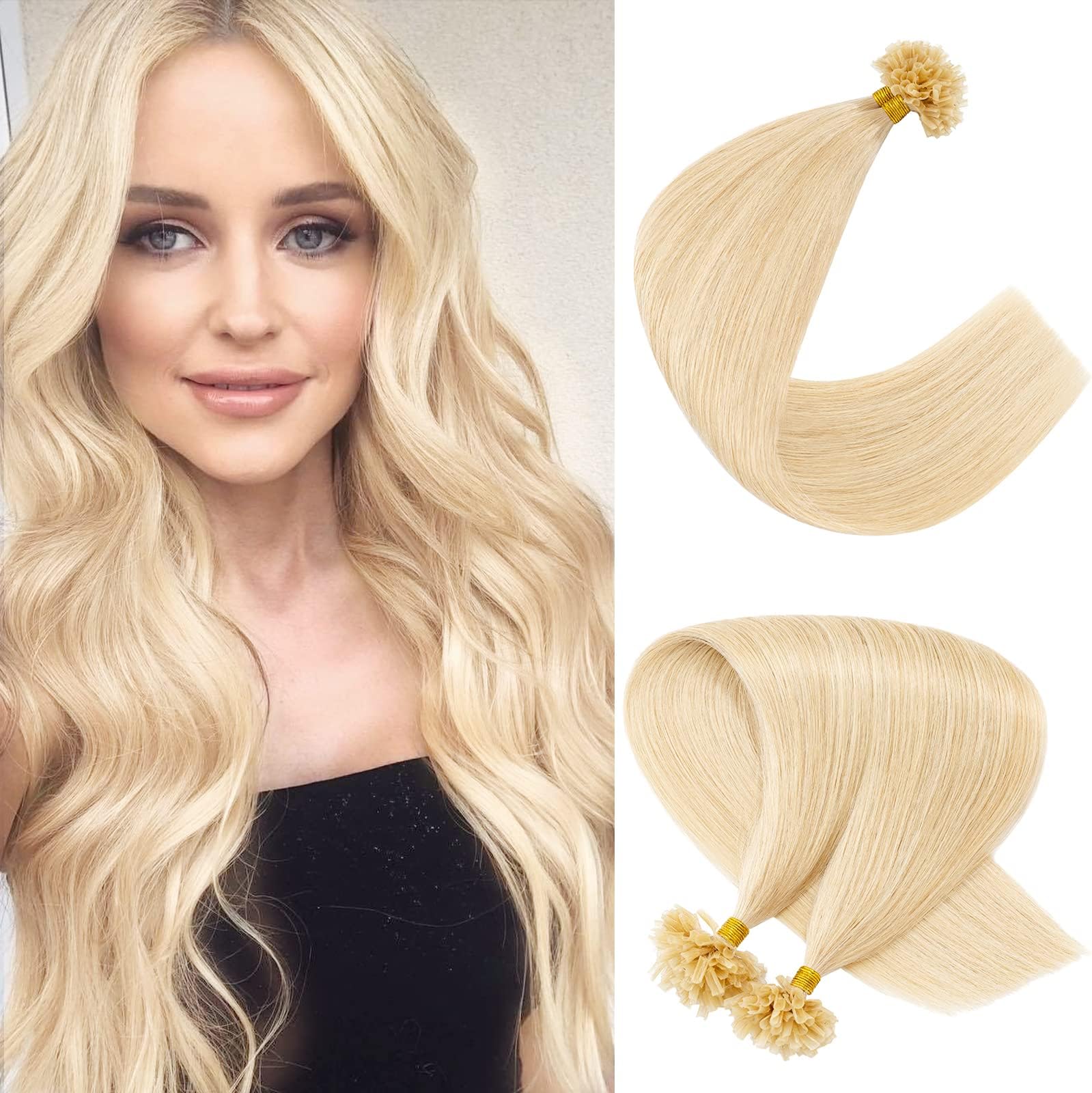 U Tip Hair Extensions Real Human Hair Pre Bonded Hair Extensions Keratin U Tip Hot Fusion Human Hair Extensions Bleach Blonde U Tips Remy Hair Straight Silky, 20 Inch 100 Strands 50g #613