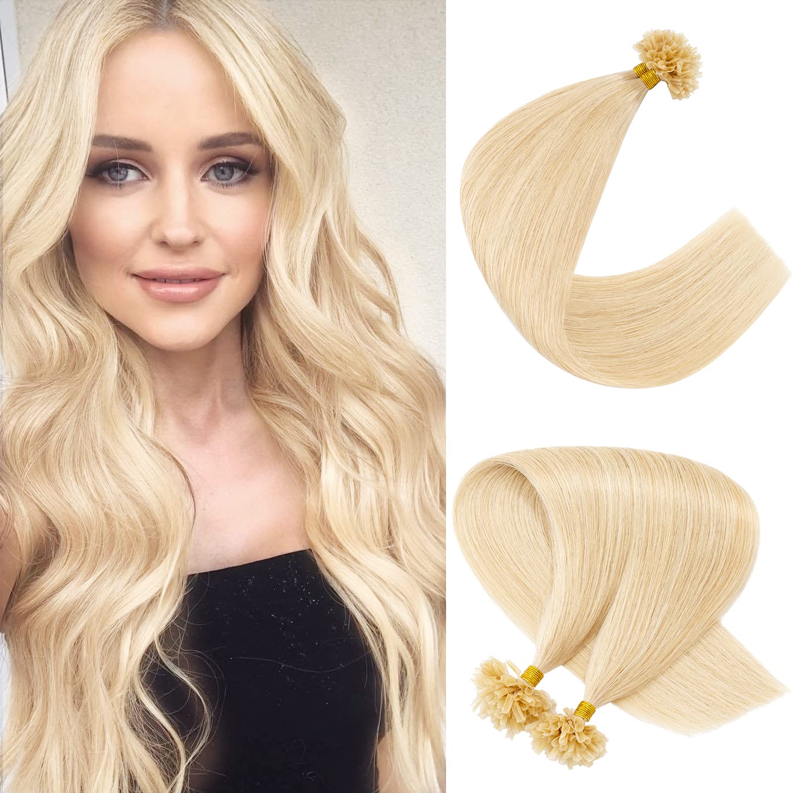 SLEEKALON U Tip Hair Extensions - Real Human Hair Pre-Bonded Keratin Hot Fusion Extensions - Bleach Blonde Remy Straight Silky Hair, 16 Inch 100