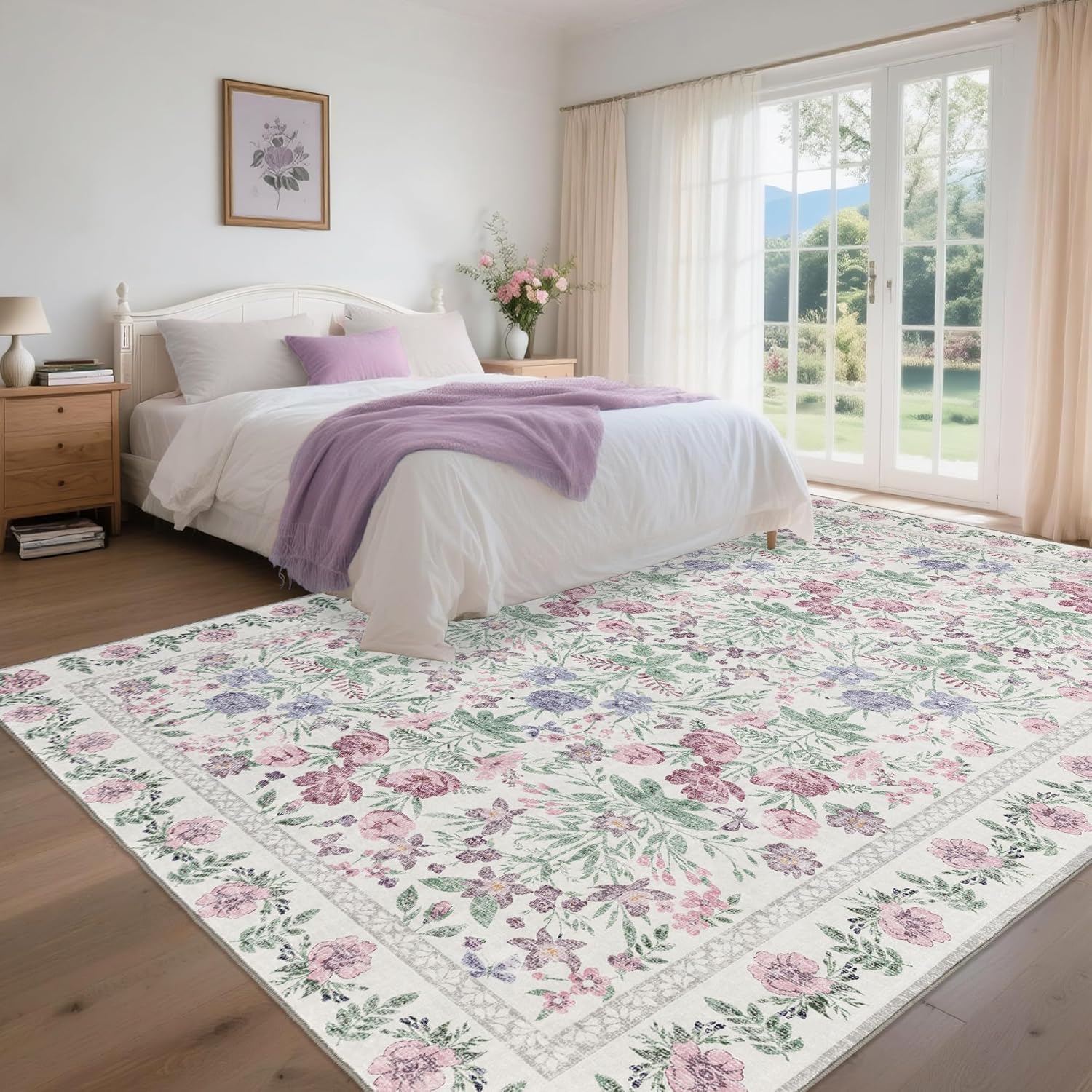 Boho Washable Area Rug: Floral Purple 8x10 Rug for Living Room Girls Bedroom Nursery Home Decor - Soft Vintage Carpet Non-Slip Stain-Resistant Kids Pet Friendly