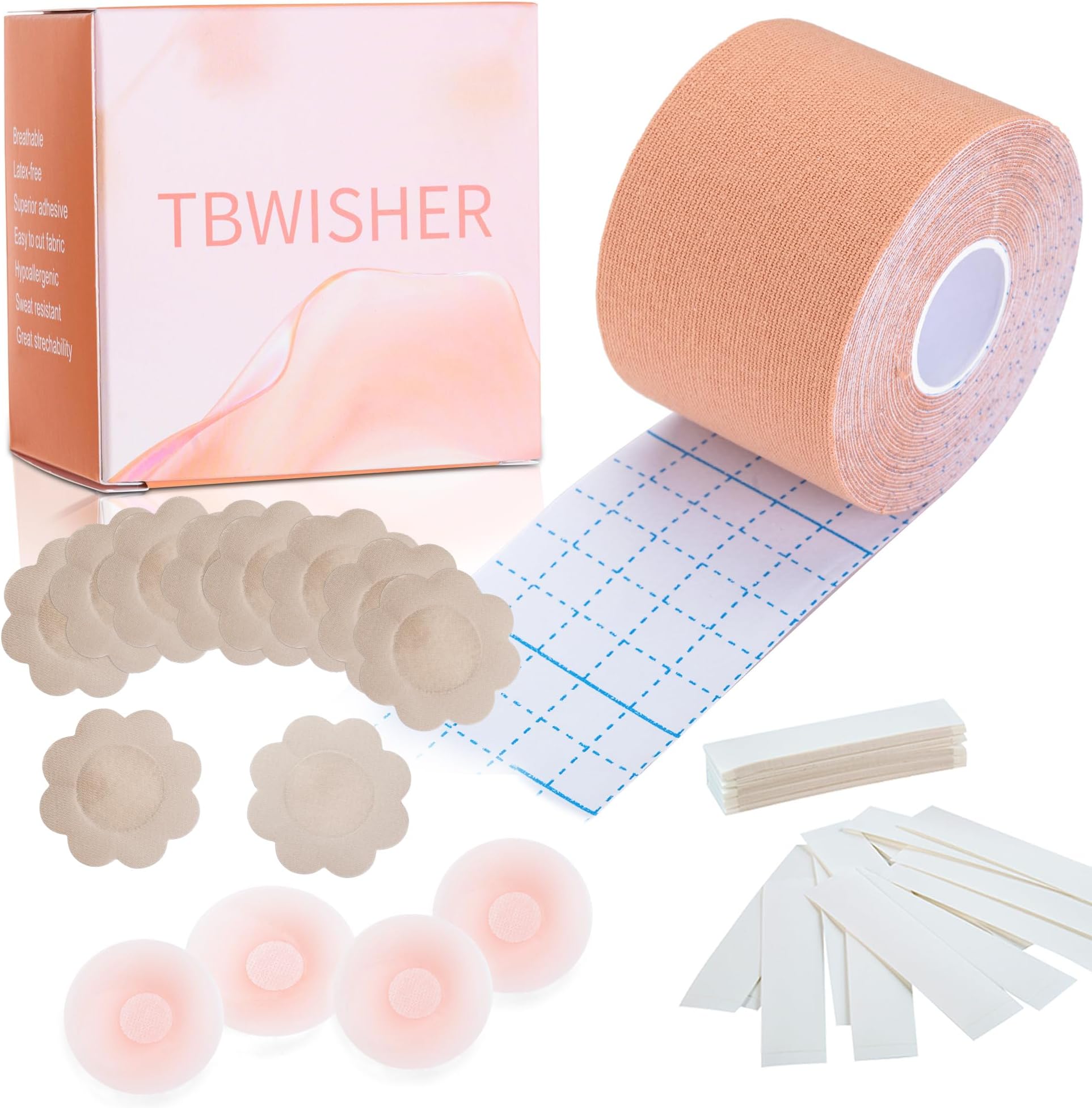 Tbwisher Boob Tape for Breast Lift Boobytape -Sticky Body Tape for Push-up Shape for Breast Support Lift (Beige, one size)