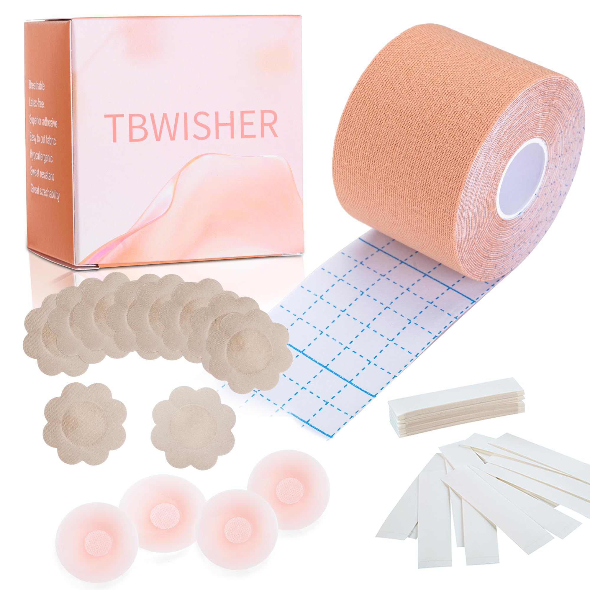 Tbwisher Boob Tape for Breast Lift Boobytape -Sticky Body Tape for Push-up Shape for Breast Support Lift (Beige, one size)
