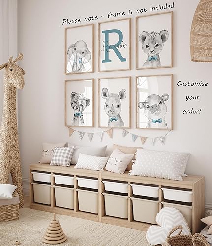 Miniatura 8 de Juego de 6 pósteres personalizados de animales de safari para bebés, niños, habitación del bebé, dormitorio, sin marco, con nombre personalizado,