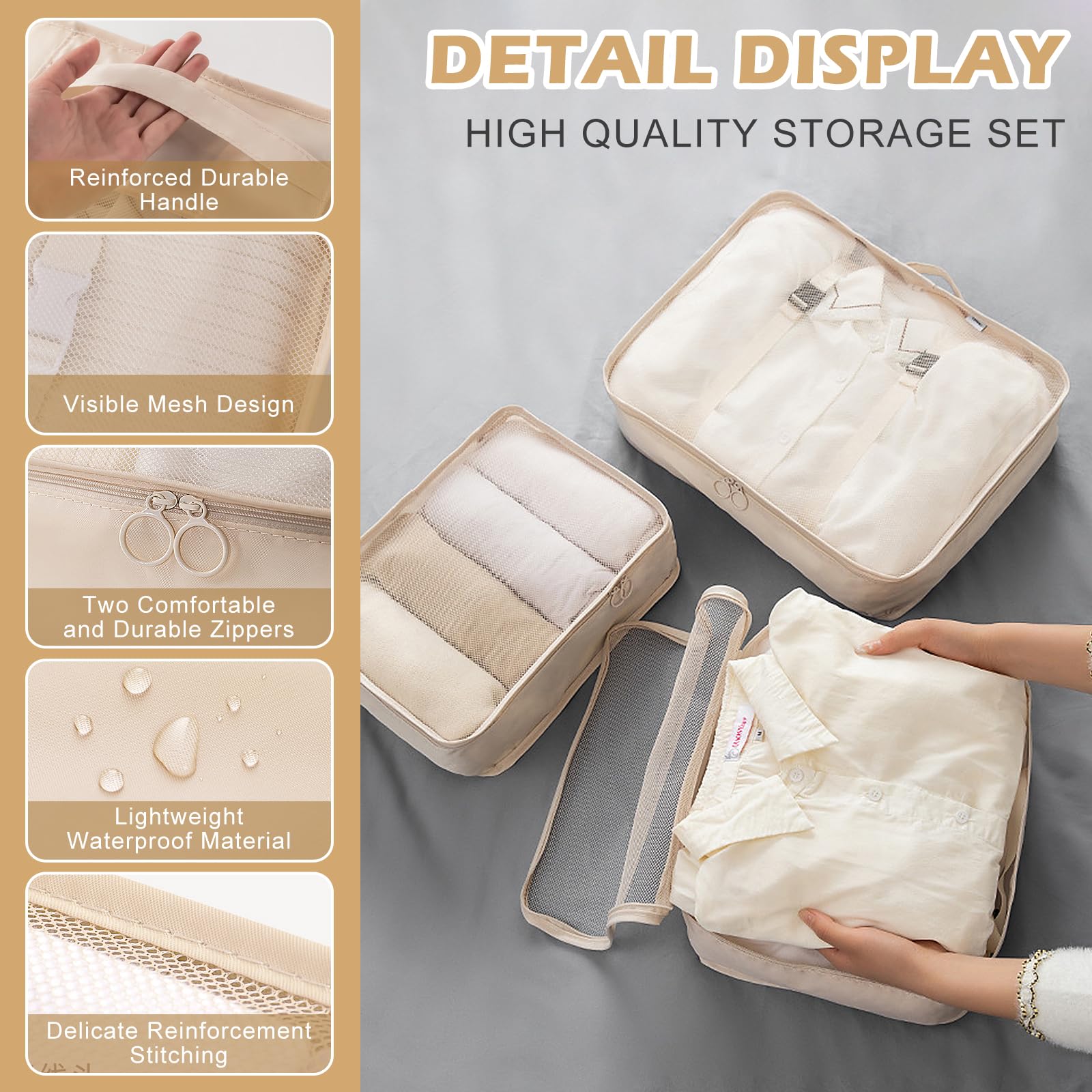 Organizador Maleta Viaje, 13 piezas Impermeable Bolsas Organizadoras Maleta, Multifunción Packing Cubes Bolsas Ropa Viaje, Organizador de Viaje con Bolsa Zapatos(Beige)