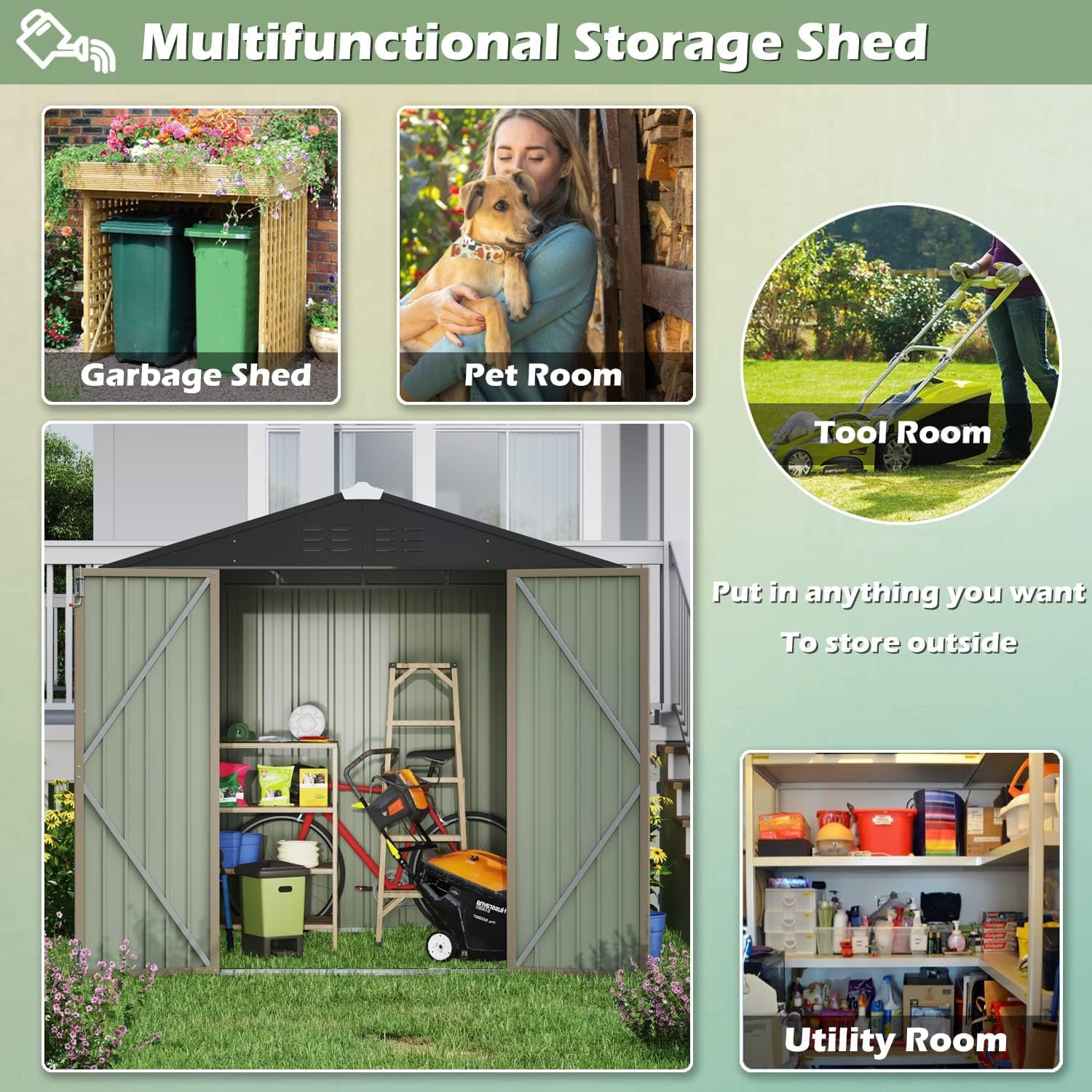 Collage showing various uses of the shed: garbage shed, pet room, tool room, utility room