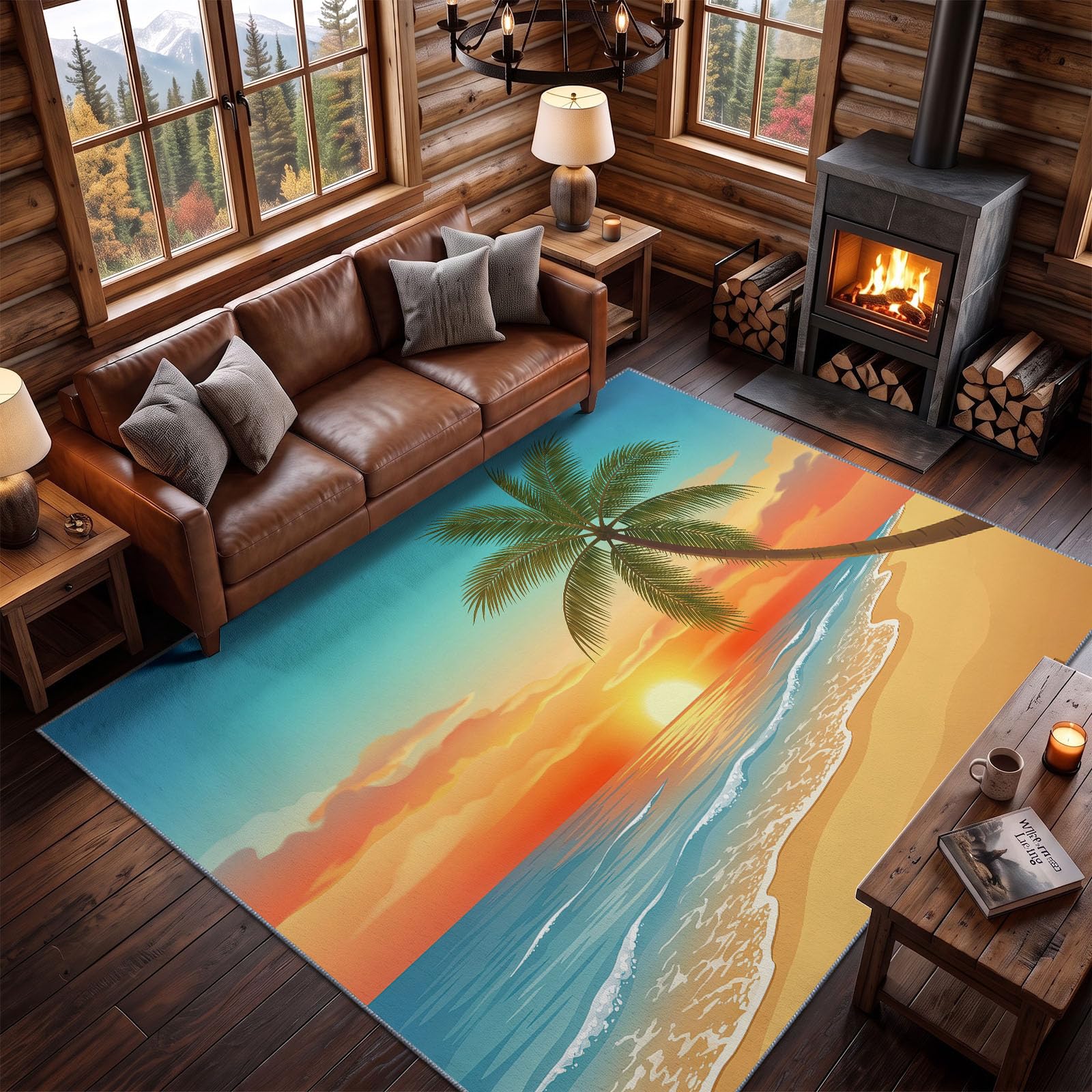 Tappeto per soggiorno, 160 x 230 cm, motivo tropicale, palme, spiaggia, tramonto, onde, a pelo corto, lavabile, moderno, antiscivolo, per sala da pranzo, cucina, camera da letto, arancione