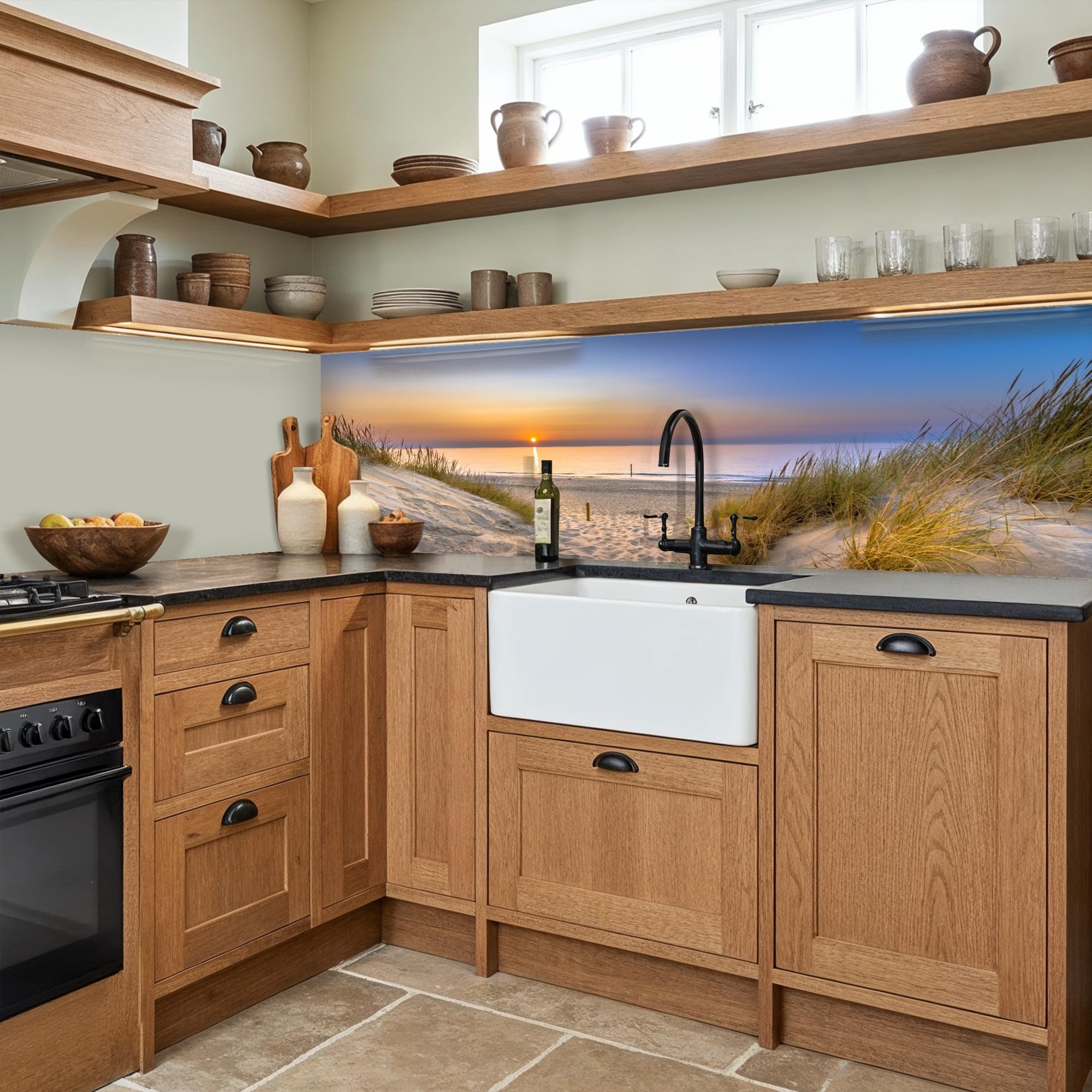 KitchenYeah© Küchenrückwand 60x200 cm Selbstklebende Kitchen Wall Protector Küchen Rückenwand Küchenfronten Küchenrückwände Küche Wand Düne - Sonnenuntergang - Horizont - Strand - Gras