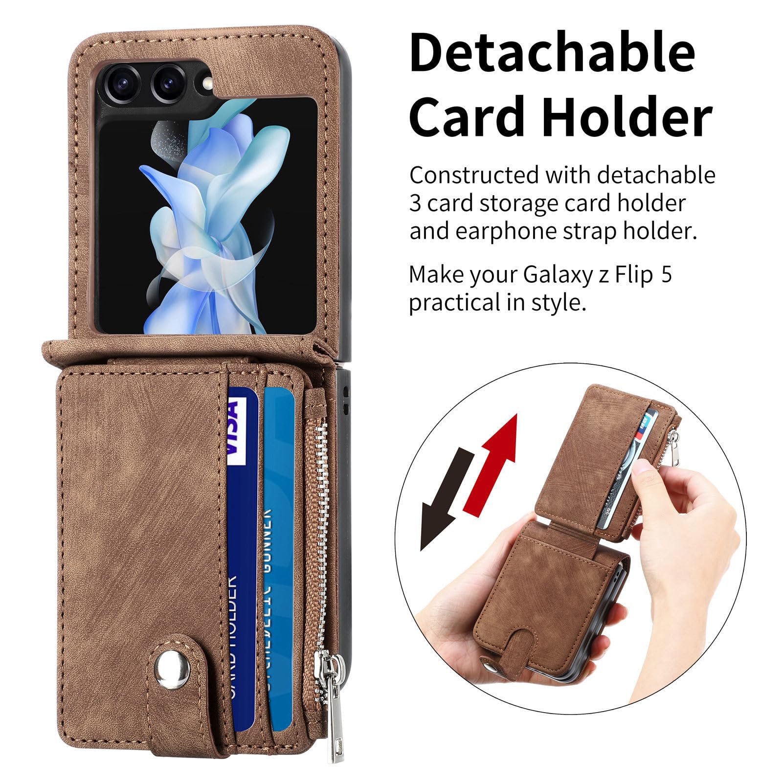 Custodia per Samsung Galaxy Z Flip 5 con Porta Carte di Credito Staccabile, Custodia a Portafoglio con Cerniera in Pelle PU Antiurto Protezione Durevole Cover per Samsung Galaxy Z Flip 5 5G 2023