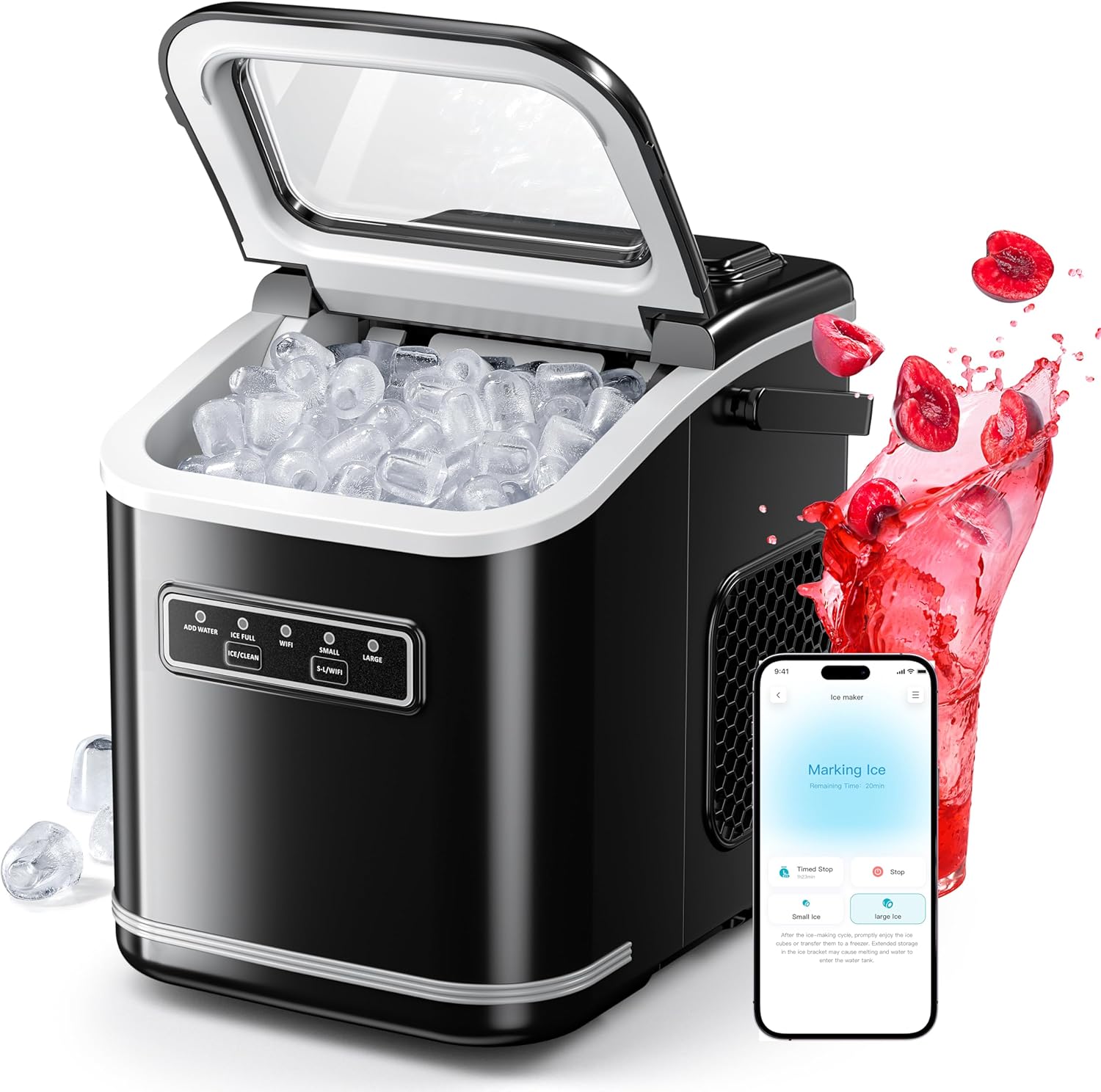 ecozy Smart Ice Maker, Portable Ice Makers Countertop with App Remote & Voice Control, 9 Bullet Ice Cubes in 6 Mins, 26lbs/24Hrs, Self-Cleaning, Quiet Ice Maker Machine for Home Kitchen Office RV Black Bullet Ice Maker