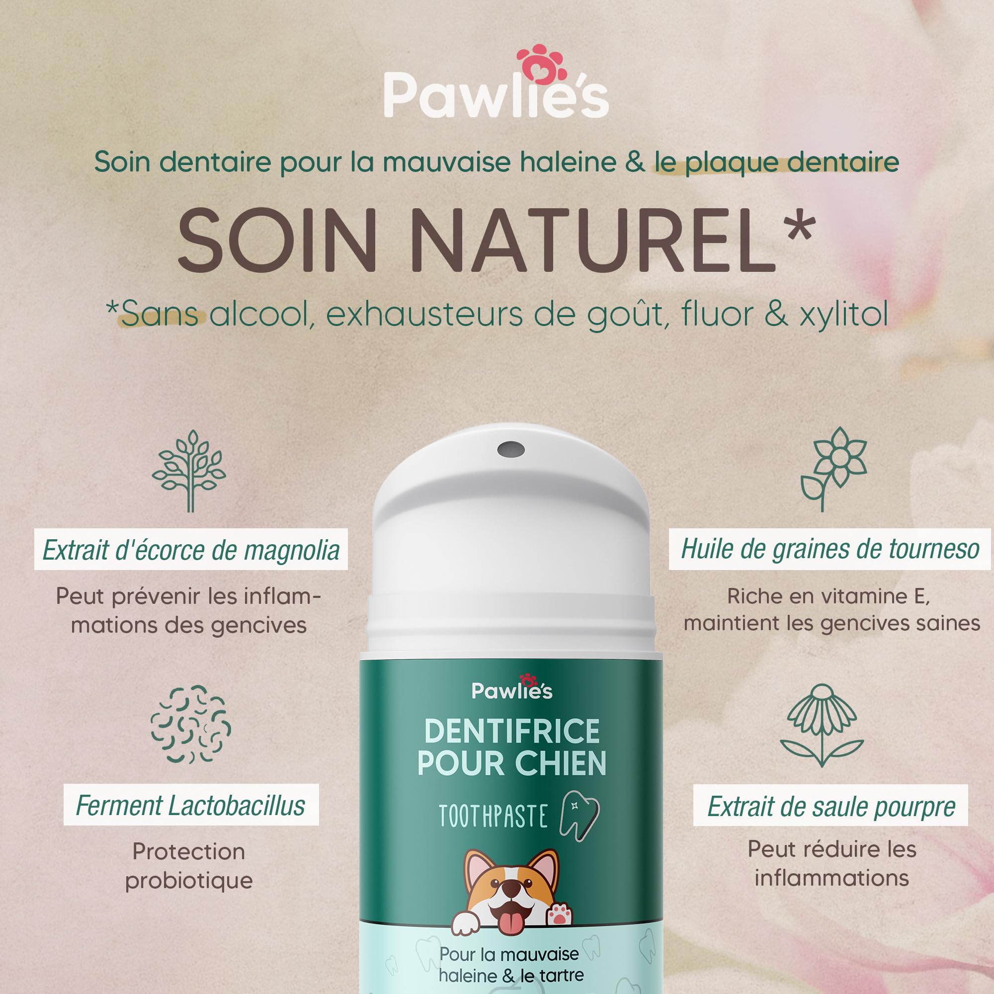 Pawlie's Dentifrice pour Chien - Soin Dentaire Naturel Contre le Tartre, la Mauvaise Haleine et la Gingivite Avec Magnolia et Vitamine E