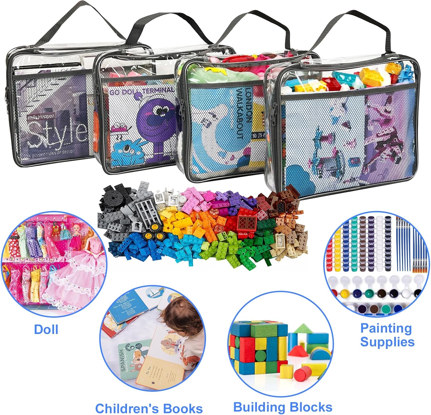 Toy Zippered Blocks Set Storage Bags for boy girls - 4PC Large PVC Storage Organizer Bags with Mesh Side Pockets for Puzzle, Clay, Book, Small Models and Mini Plush Toys. XL: 10.4" x3 "x13.3