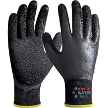 KAYGO Waterproof Work Gloves for Men and Women with Double Latex Coated, Non-Slip Super Grip for Gardening Car Washing Fish Cleaning Black, L, 1 Pairs