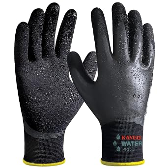 KAYGO Waterproof Work Gloves for Men and Women with Double Latex Coated, Non-Slip Super Grip for Gardening Car Washing Fish Cleaning (Black, L, 1 Pairs)