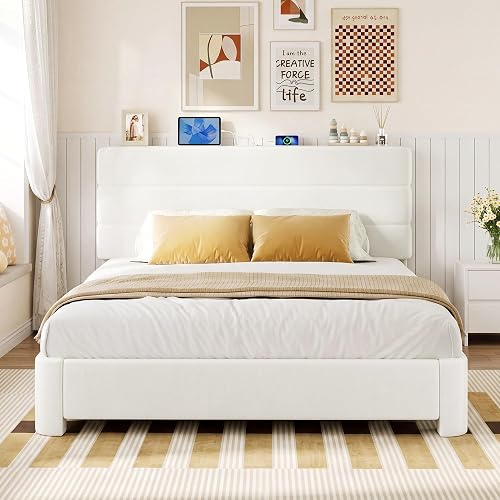 Queen Size Platform Bed Frame with Velvet Upholstered Headboard