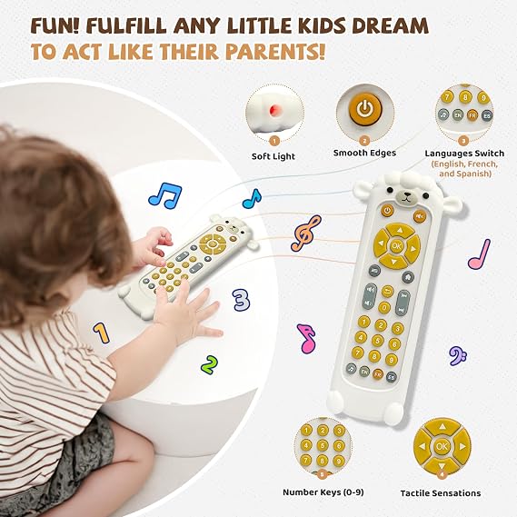 Baby TV Remote Toy with Sheep Silicone Cover - Lights & Sounds Interactive Learning Toy (3 Languages: English/Spanish/French), 50+ Musical Sounds, Perfect 1 2 Year Old Gift for Boys & Girls