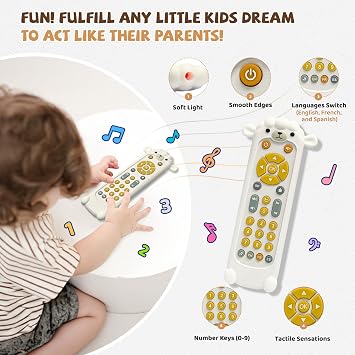 Baby TV Remote Toy with Sheep Silicone Cover - Lights & Sounds Interactive Learning Toy (3 Languages: English/Spanish/French), 50+ Musical Sounds, Perfect 1 2 Year Old Gift for Boys & Girls