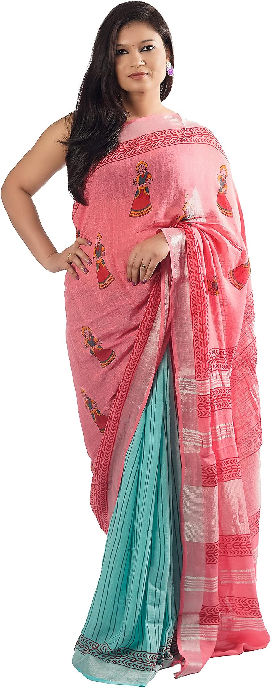 Neehaaram Women's Linen Designer Saree With Blouse Piece (Butta Bomma(Pink, Sea Green): Ethnic Designer Collection)