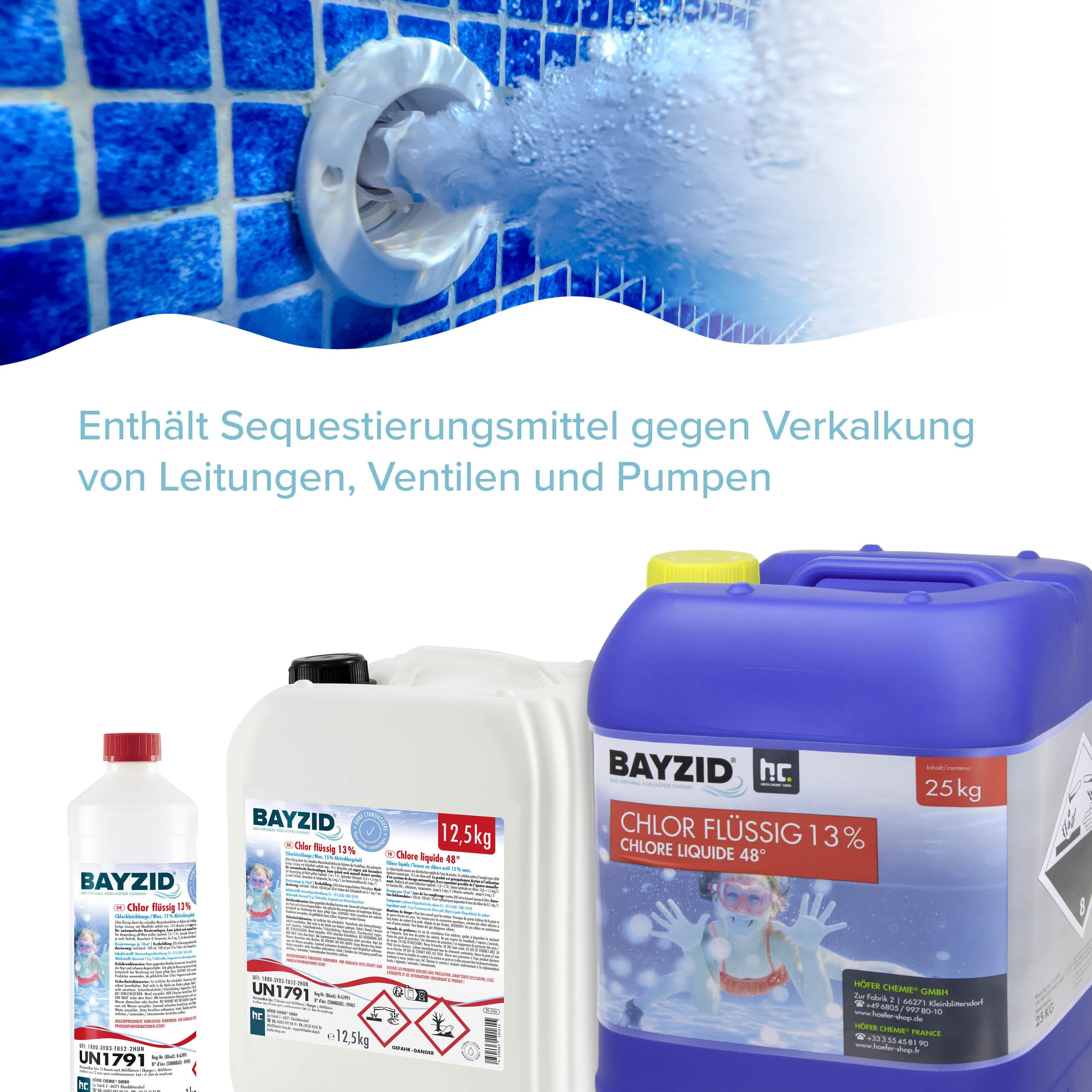 Höfer Chemie 12,5 kg Pool Flüssigchlor BAYZID - mit 13 bis 15% Aktivchlorgehalt zur Poolpflege und Wasserdesinfektion - Made in Germany
