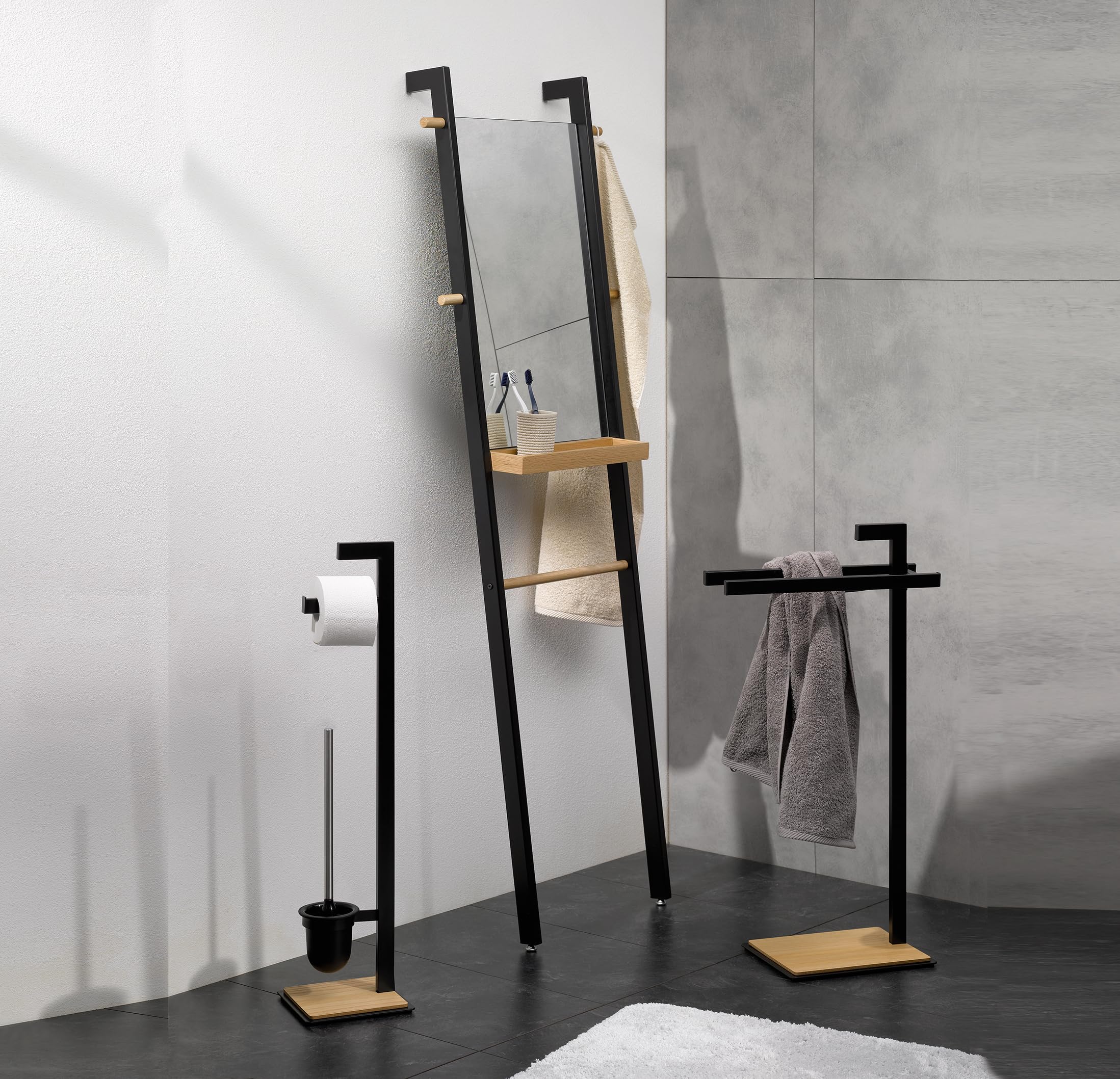 kela Juego de baño con portarrollos y escobillero de 82 cm, escobilla de baño negra con soporte abierto OAK, metal con recubrimiento en polvo mate