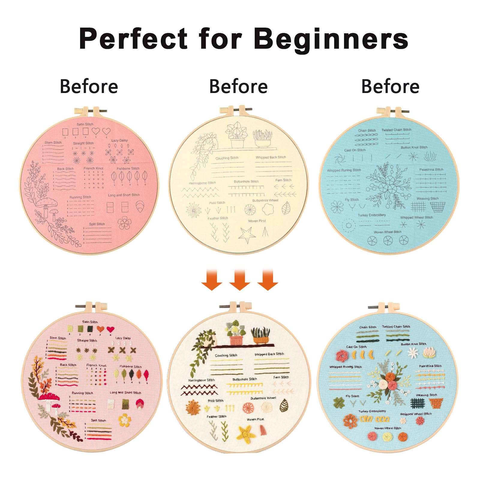 JOINRUN Kit de iniciación de bordado para principiantes: 3 juegos de punto de cruz para adultos, para amantes de las manualidades, aprender a coser a mano, incluye patrón estampado, aro, instrucciones
