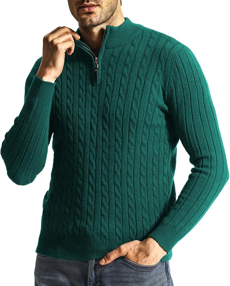 Surenow Men's Quarter-Zip Sweater Cable Knit Crew Neck Pullover