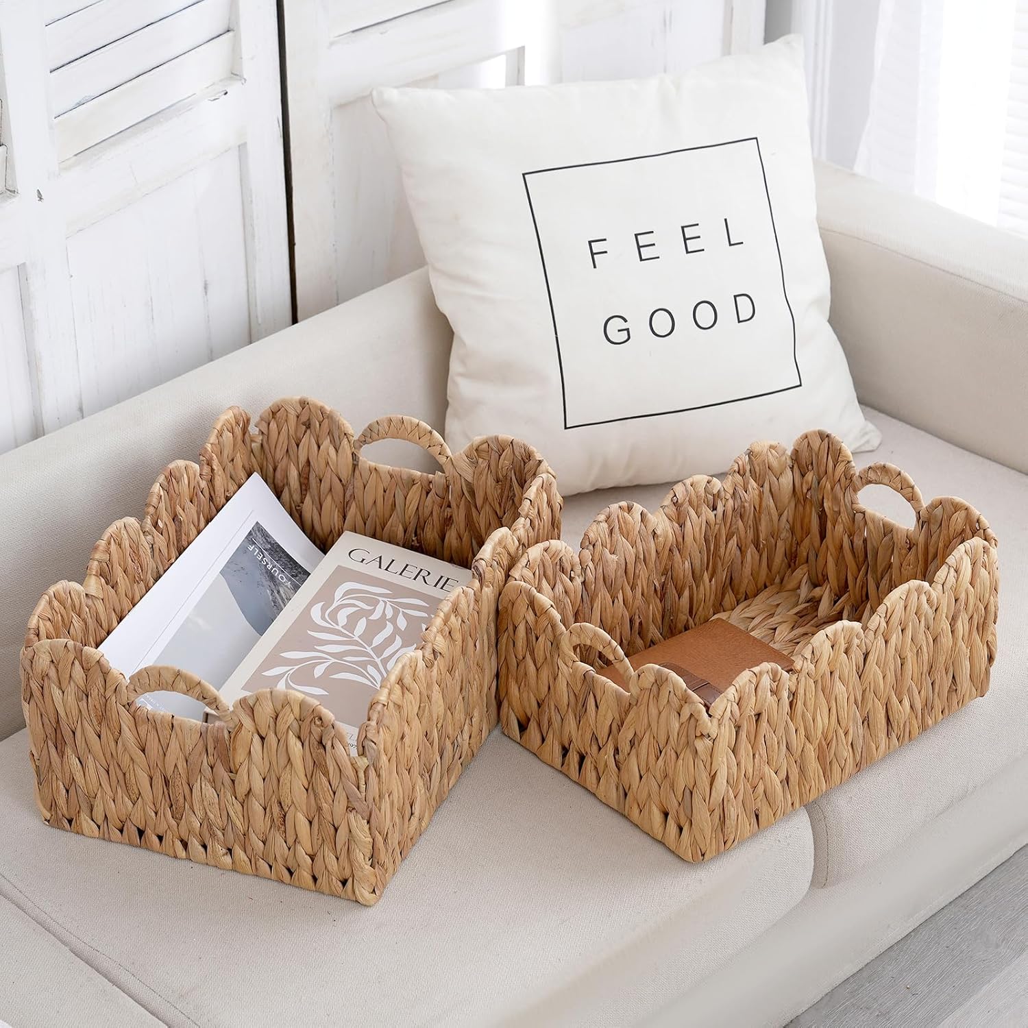 2-Pack Wicker Baskets with Handles, Large(15"Lx11"Wx7"H)&Small(13"Lx9"Wx6.25"H) Woven Storage Basket, Decorative Storage Basket for Home & Kitchen/Nursery Organizers