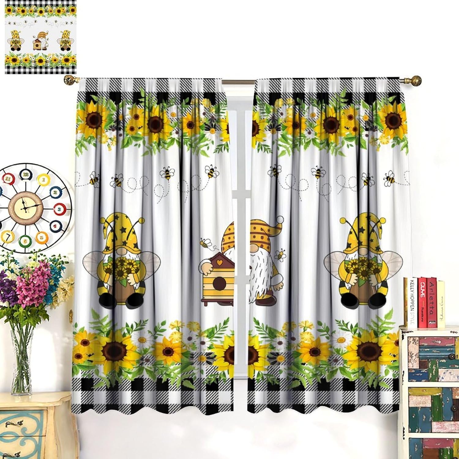 Bee Gnome Curtains,Sunflower Pattern Black White Grid Rod Pocket Blackout Window Treatments for Girls Boys Bedroom Kitchen Living Restaurant Cafe 42" W X 45" L