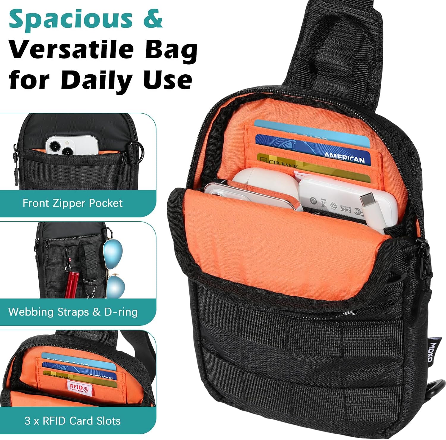 MoKo Small Sling Bag for Men, Mini Utility EDC Tatical Water-Resistant Crossbody Chest Shoulder Bag with RFID Blocking Card Slots for Sport Hiking Travel Work, Black