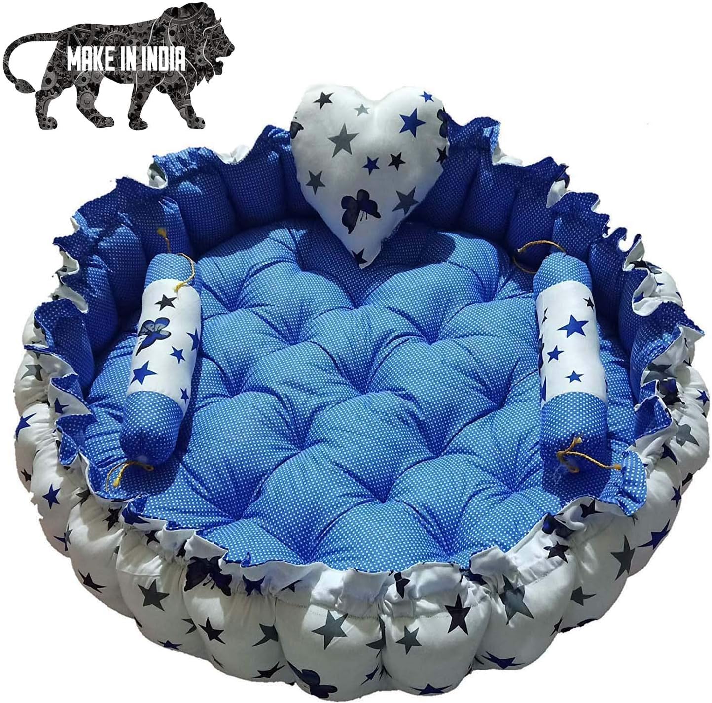 SHOPPOWORLD Round Baby Tub Bed with 5 Multi Shaped Pillows Set Baby Co Sleeper Soft, Comfortable and Safe for Newborn Babies to Toddlers (Blue)