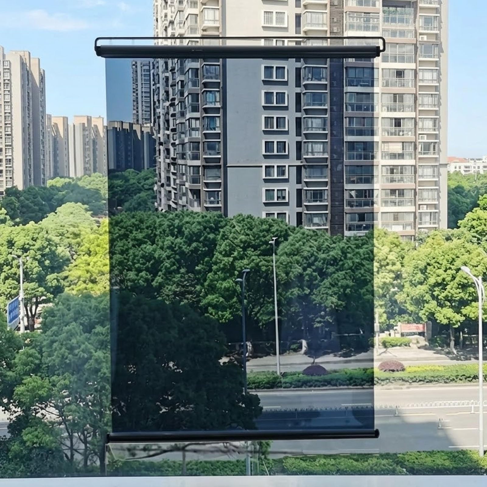 Spiegelfolie Einwegspiegel-Rollo Federrollo Ohne Kordel für Balkon Büro, Ohne Bohren Klebehaken Montage Einseitig Sichtschutz UV-Schutz Hitzeschutz Fenster Tür Büro Balkon(Blau,W95xH200cm)