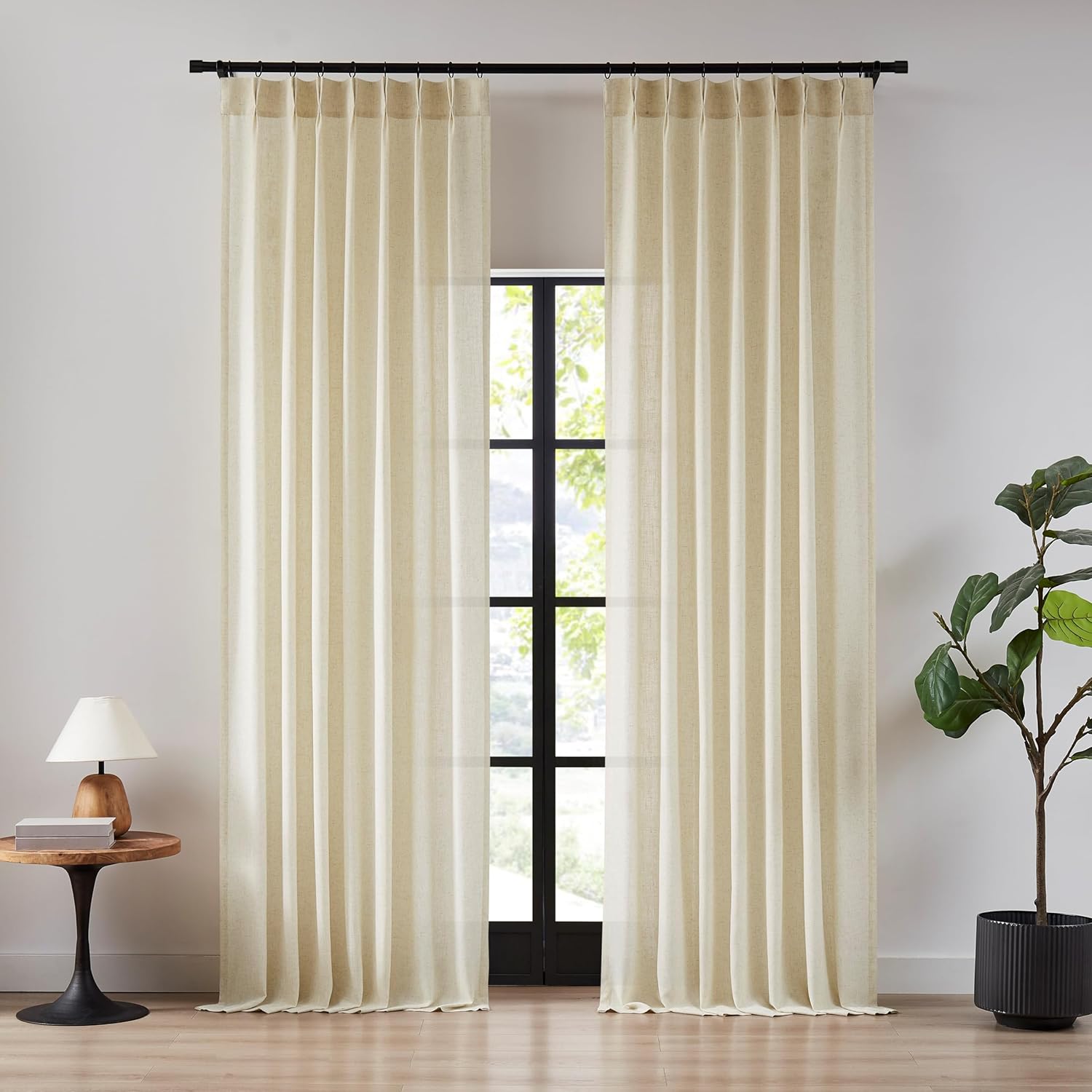 Hillcrest Beige Pinch Pleated Linen Curtains 102 Inches Length 2 Panels for Living Room Bedroom Semi Sheer Light Filtering Window Drapes Back Tab with Hooks 40" W x 102" L x2