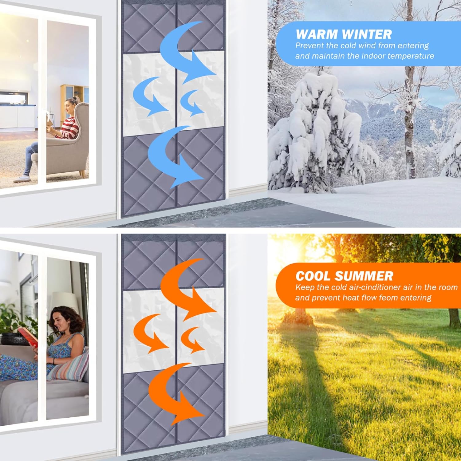 Thermal Door Curtain 3.3x6.6 Ft Visible Windproof Folding Doors Internal Noise-canceling Waterproof Cold-Resistant Door Screen with Clear Windows for Winter Style 2